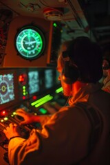 Obraz premium Close-up of engineers conducting last-minute adjustments to guidance systems inside a control room