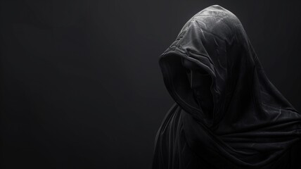 Dark silhouette of a mysterious person enveloped in a black cloak with a shadowy background