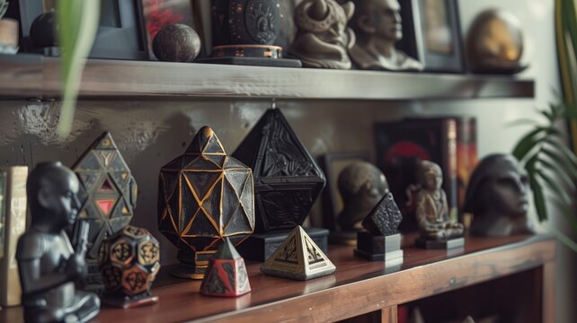 A collection of mystical sculptures and geometric shapes on a wooden shelf