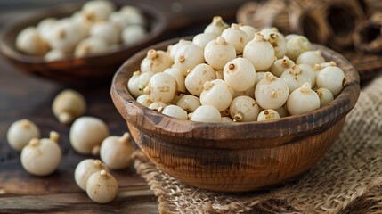 Makhana, commonly known as fox nuts or lotus seeds, are nutritious seeds harvested from the Euryale ferox plant, a member of the water lily family, predominantly grown in Asian wetlands and ponds. - obrazy, fototapety, plakaty