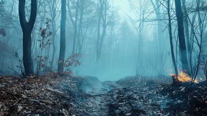 Misty forest with fire remains, haunting and mystical atmosphere