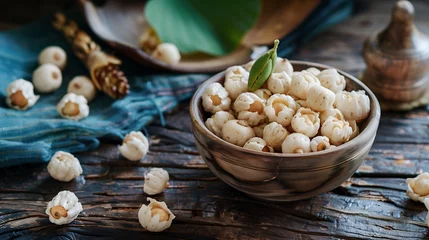 Foto op Canvas Makhana, commonly known as fox nuts or lotus seeds, are nutritious seeds harvested from the Euryale ferox plant, a member of the water lily family, predominantly grown in Asian wetlands and ponds. © TensorSpark