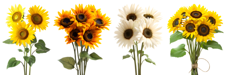 Collection set stalk bunch of sunflower sunflowers flower floral plant with leaf leaves on transparent background cutout, PNG file. Mockup template artwork graphic design