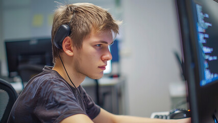 young programmer is programming at the office, programmer at the work, programmer is coding