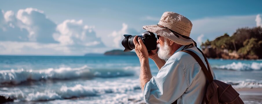 Senior retiree photographing nature at the beach