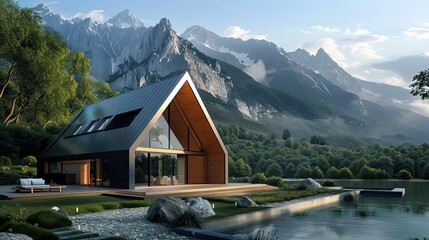 The unique architectural features of the A-frame home, along with the scenic beauty of the lake and mountains, create a balanced and visually appealing composition. - obrazy, fototapety, plakaty