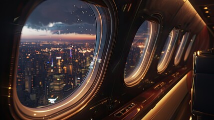 luxury airplane interior. details both inside the aircraft and outside the window, providing a realistic representation of city lights and interior features.
