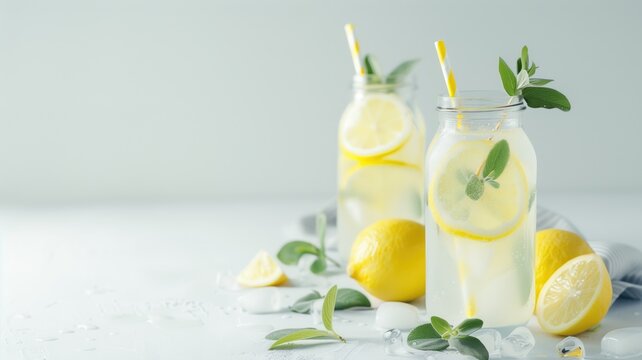 Refreshing lemonade in glass bottles with lemon slices and mint