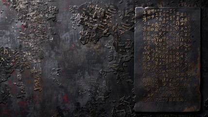 A mystical image showcasing ancient script embossed on a dark, textured background with a hint of red