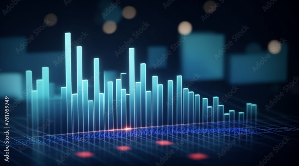 Wall mural glinting blue bars chart in a digital 3d layout against a dark backdrop