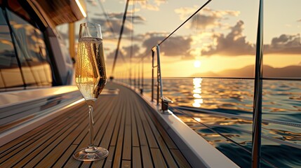 A glass of prosecco on the deck of a yacht during sunset or sunrise to enhance the warmth and atmosphere of the scene. The glass is positioned so that golden light illuminates the stage.