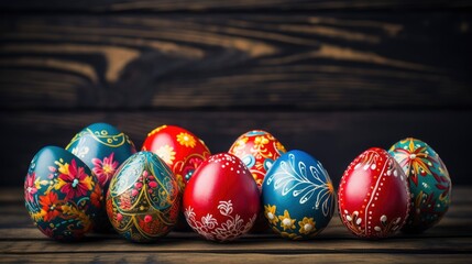 Easter eggs on wooden background - generative ai