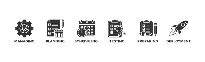 Release management banner web icon vector illustration concept with icon of managing, planning, scheduling, building, testing, preparing and deployment	