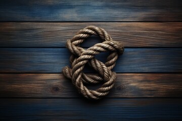 Obraz premium Marine knot on wooden background. Water vessel sport ship rope. Generate AI