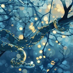 blue illustration. Snake, bokeh background warm yellow lights. Year of the snake. Chinese New Year. Postcard. Fabulous. reptile