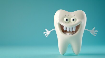 image of a simple tooth character with googly eyes, a big smile, and arms and legs sticking out, with copy space available for various dental or oral health-related contexts.