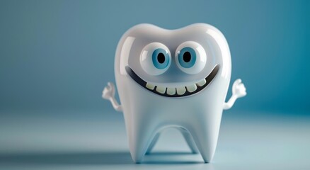 image of a simple tooth character with googly eyes, a big smile, and arms and legs sticking out, with copy space available for various dental or oral health-related contexts.
