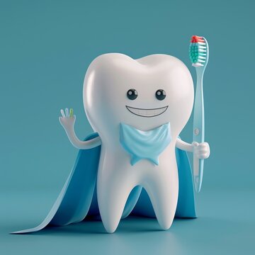 image of a cute tooth character dressed as a superhero, holding a toothbrush in hand, conveying a sense of bravery and dental hygiene in a fun and playful manner.