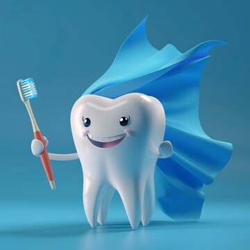 image of a cute tooth character dressed as a superhero, holding a toothbrush in hand, conveying a sense of bravery and dental hygiene in a fun and playful manner.