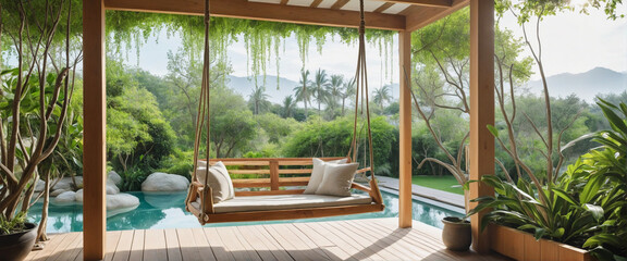 beautiful wooden cozy swing hanged with rope in a green home garden backyard with green plants and trees and relaxation morning spring light for home landscaping design concepts