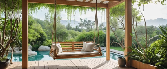 Foto auf Glas beautiful wooden cozy swing hanged with rope in a green home garden backyard with green plants and trees and relaxation morning spring light for home landscaping design concepts © Random_Mentalist