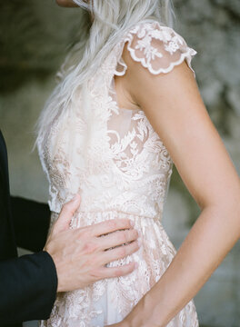 Close-up of Bride and Groom Embracing at Vizcaya Museum and Gardens