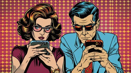 Couple Looking at Cell Phone.Art Pop
