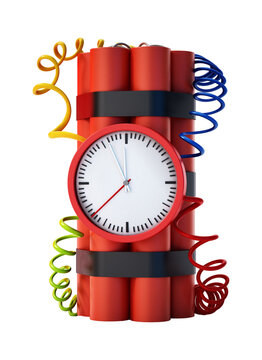 Dynamite clock pointing a few minutes to 12 o'clock. Transparent background. 3D illustration