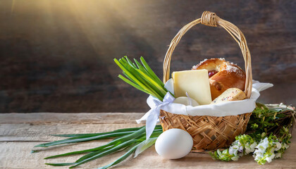 Easter wicker basket with bread, eggs, cheese, spring onions and spring flowers on wooden background