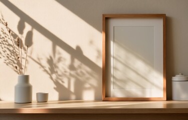 Illuminated sunbeams cast shadows beside a bare picture frame on wood 