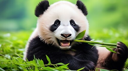 A panda eats a large bamboo stalk. Chewing on a hefty bamboo stalk