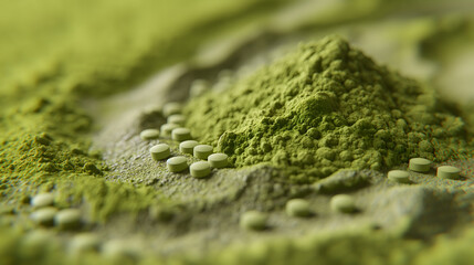 Holistic Ayurvedic Green Medicine: Tablets, Powder & Leaves on Nature Background for Mental...