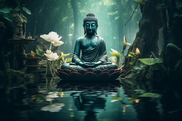 a statue of a buddha in a pond surrounded by flowers