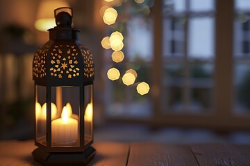 Lit Lantern on Wooden Table