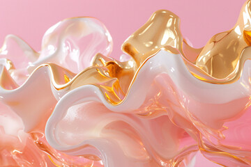 Abstract liquid pink-gold waves background. 3d acrylic elegant waves - 761772169