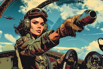 Female Military Pilot Operating Aircraft.Art Pop