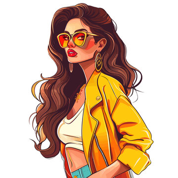 Beautiful young woman in sunglasses and a yellow jacket. Vector illustration.