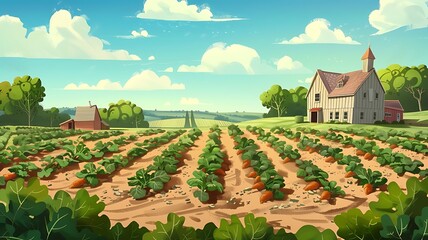 Field of growing carrots, cartoon carrot farm vegetation plot. growing vegetables, crops. landscape with fields. - obrazy, fototapety, plakaty