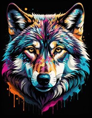 Stylized Wolf Portrait in Vivid Colors for T-Shirt Design