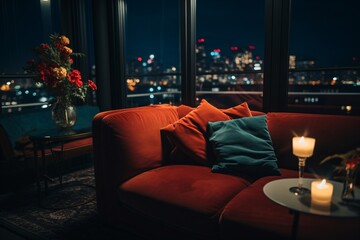 a couch with a vase of flowers and a candle in front of a window - Powered by Adobe