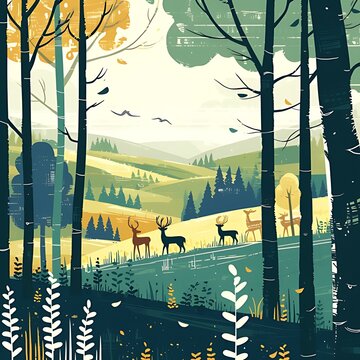 Forest landscape. Natural wildlife forest with animals habitat. Flat vector illustration. Landscape with trees & animals.