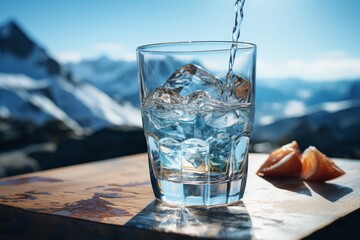 Refreshing crystal water in bottle and glass with nature snow mountain landscape in the background