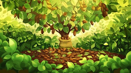 Cacao tree sprouting out jute bag vector illustration. Generative AI