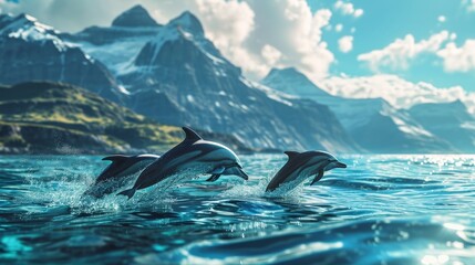 Fototapeta premium dolphins jumping out of the water against the backdrop of the mountains