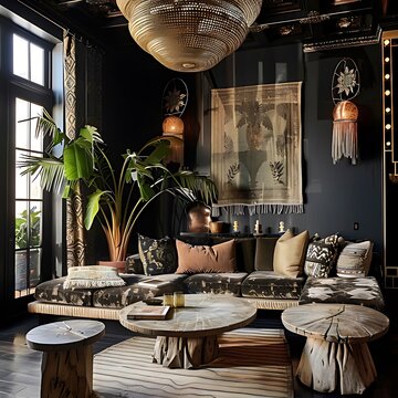 Boho compostion interior design of a living room with grey sofa & wooden coffee table. elegant personal accessories. Black pillows and palm tree. Cozy dark interior design.