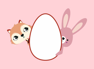 T-shirt design of a white Easter egg with a rabbit and a squirrel peeking out on a pink background.