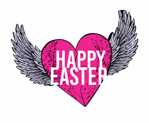 Happy easter. T-shirt design of a winged pink heart.