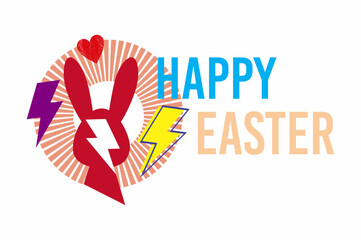 Happy easter. T-shirt design of the silhouette of a red rabbit next to thunder symbols on a white background.