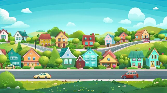 Suburban Road With Houses and Cars