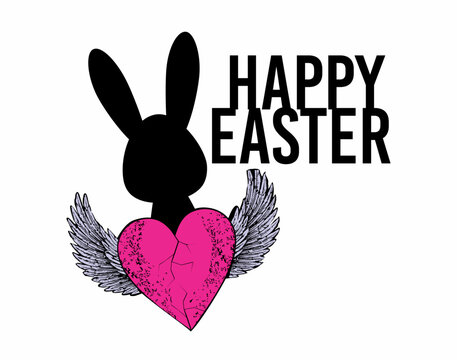 Happy easter. T-shirt design of a winged heart and the silhouette of a black rabbit.
